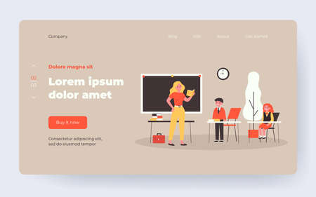 Teacher asking pupil in class. Lesson, kids in uniform, classroom flat vector illustration. Back to school, education, teaching concept for banner, website design or landing web pageのイラスト素材