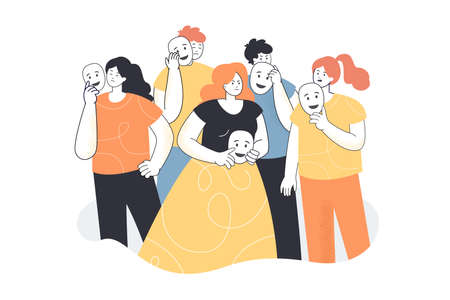 People faking emotions vector illustration. Depressed guys covering faces with masks. Personality, psycology, emotions concept for banner, website designのイラスト素材