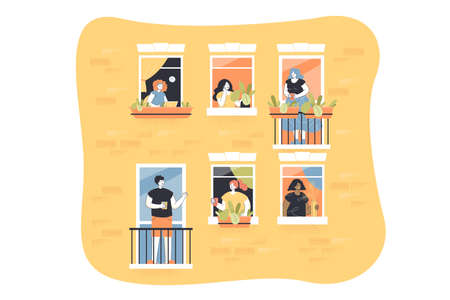 People at balconies vector illustration. Windows with neighbours inside flats. Balconies with men and women during quarantine. Apartment building facade. Neighborhood concept for banner, websiteのイラスト素材