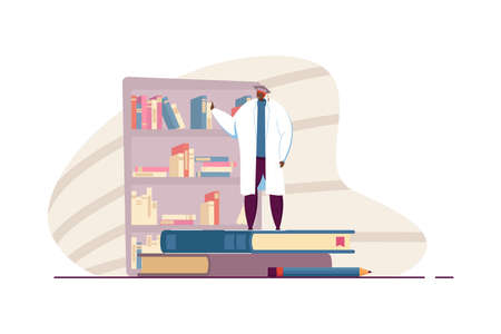 Graduate in medical gown studying books. Male character in graduation hat standing on huge books flat vector illustration. Knowledge, education concept for banner, website design or landing web pageのイラスト素材