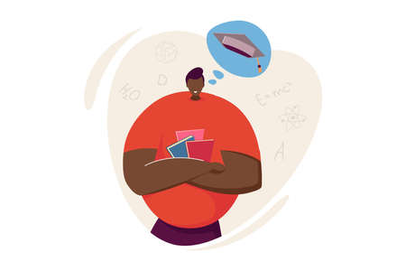 Student holding books and thinking of graduating. Male character, graduation cap in speech bubble flat vector illustration. University, education concept for banner, website design or landing web pageのイラスト素材