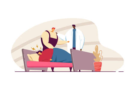 Husband calling doctor in for sick wife. Woman suffering from headache in bed, medical professional comforting man flat vector illustration. Healthcare, medicine concept for banner, website designのイラスト素材