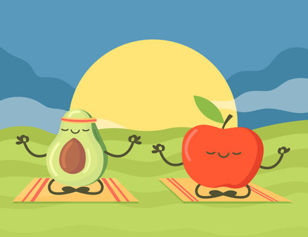 Cartoon avocado and apple characters meditating at sunset Cute fruits sitting and relaxing on yoga...