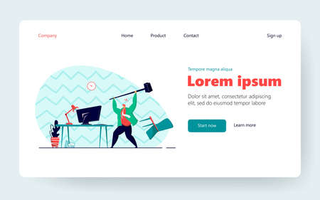 Angry office worker breaking computer with hammer. Tired adult man stressed from hard work flat vector illustration. Business, work stress concept for banner, website design or landing web pageのイラスト素材