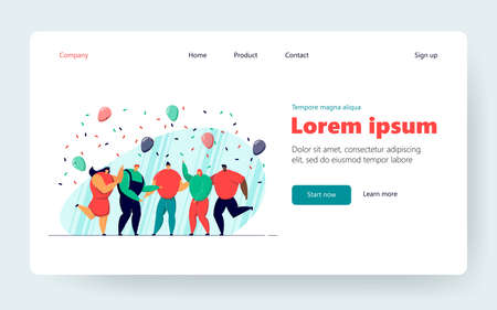 Group of friends celebrating birthday or team success. Happy people dancing at party with confetti and balloons, having fun together. For teamwork, celebration, office party conceptのイラスト素材