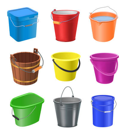 Buckets illustration set in cartoon style. Plastic, wooden and metal pails for water and sand. Vector set of household tools on isolated white background. Can be used for advertisement, banner designsのイラスト素材