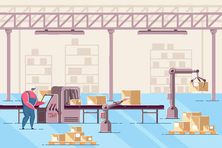 Man managing conveyor in warehouse flat vector illustration. Male worker working with line of automatic box packing. Guy in room with digital machines. Factory, automation manufacture process conceptのイラスト素材