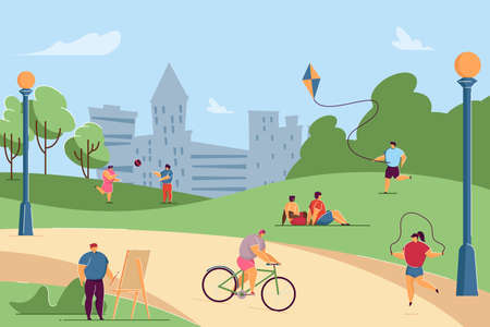 Kids doing different outdoor activities in park. People drawing, riding bike, playing volleyball, jumping rope, flying kite flat vector illustration. Childrens camp, kinder garden, playground conceptのイラスト素材
