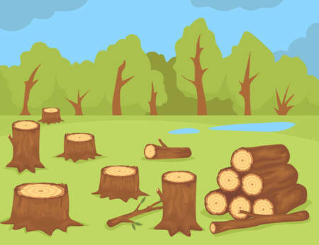 Stumps from felled trees vector illustration. Felled tree trunks and branches in meadow. Forest and puddles in background. Deforestation, logging conceptのイラスト素材