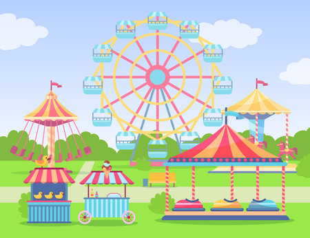 Empty amusement and entertainment park cartoon illustration. Theme park with observation wheel, swing carousels, ice cream stand. Sky with clouds in background. Fun fair, carnival conceptのイラスト素材