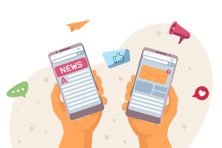 Web news and online communication. Flat vector illustration. Two hands holding smartphones with notifications and online newspaper on screen. Social media, journalism, internet concept for designのイラスト素材