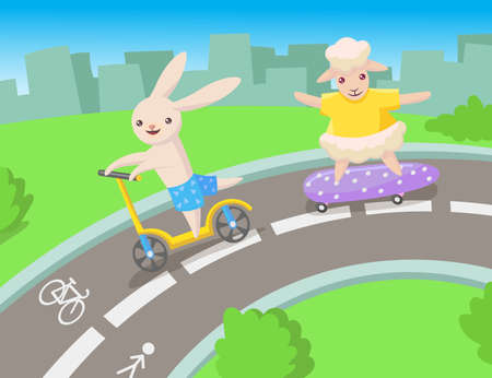 Bunny and sheep characters riding scooter and skateboard on road. Cute animals on transport in summer, silhouette of buildings cartoon vector illustrations. Lifestyle, outdoor activity conceptのイラスト素材