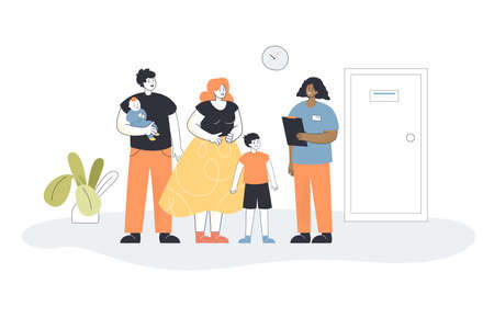 Young family with kids visiting pediatrician office. Father, mother and children consulting doctor flat vector illustration. Family, medicine concept for banner, website design or landing web pageのイラスト素材