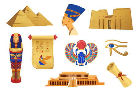 Golden symbols of ancient Egypt vector illustration set. Cartoon Sphynx, Nefertiti, pharaoh statue, monuments, sarcophagus isolated on white background. History, Egyptology, culture conceptのイラスト素材