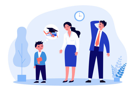 Parents upset about their sons poor school performance. Male pupil crying flat vector illustration. Bilge, education, failure, parenthood concept for banner, website design or landing web pageのイラスト素材