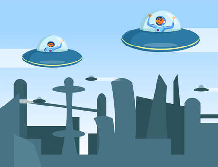 Aliens flying on flying saucer vector illustration. Funny cartoon newcomers characters flying above city and waving hands. UFO, transportation, flight conceptのイラスト素材