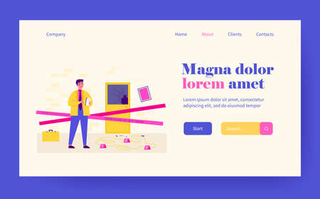 Thinking young detective standing at crime scene near dead body white line flat vector illustration. Cartoon inspector or spy making motes and finding criminals. Investigation and police conceptのイラスト素材