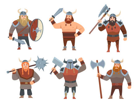 Cartoon Vikings vector illustrations set. Medieval soldiers, people in costumes or warriors isolated on white background. Scandinavian mythology, Norway, fantasy, history, military conceptのイラスト素材