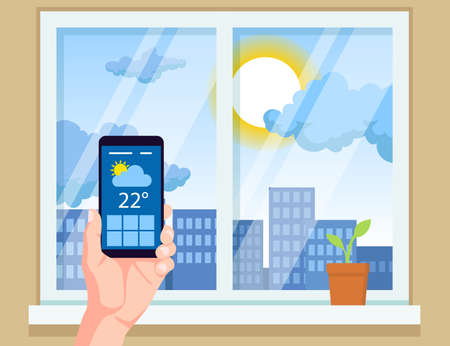 Hand holding mobile phone with weather app vector illustration. Checking weather forecast before leaving home. Window, city, sun in background. Technology, high temperature, meteorology conceptのイラスト素材
