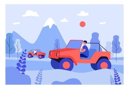 Friends riding jeeps with no doors or roofs in mountains. Cartoon characters driving in nature flat vector illustration. Traveling, adventure concept for banner, website design or landing web pageのイラスト素材
