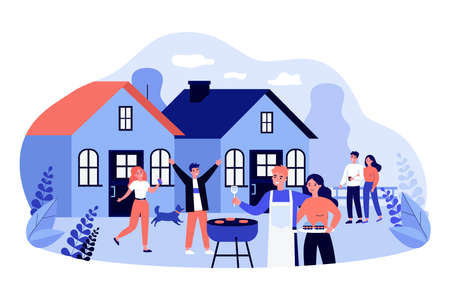 Friends having fun at backyard barbecue party. Flat vector illustration. Neighbors, young married couples relaxing, grilling food together. Weekend, vacation, family, friendship, food, party conceptのイラスト素材