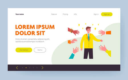 Smiling celebrity greeting people and waving hands. Star, fan, famous person flat vector illustration. Fame, popularity and crowd concept for banner, website design or landing web pageのイラスト素材