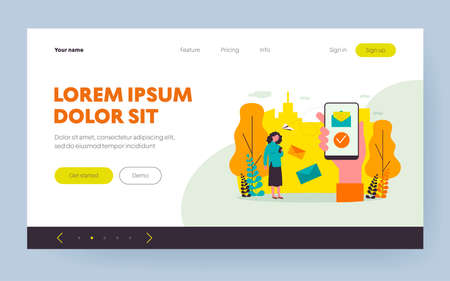 People with smartphones sending and receiving messages. Email, messenger, mobile phone flat vector illustration. Communication, internet concept for banner, website design or landing web pageのイラスト素材
