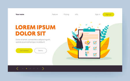 Happy student in gown celebrating graduation. Diploma, university, college flat vector illustration. Study and education concept for banner, website design or landing web pageのイラスト素材