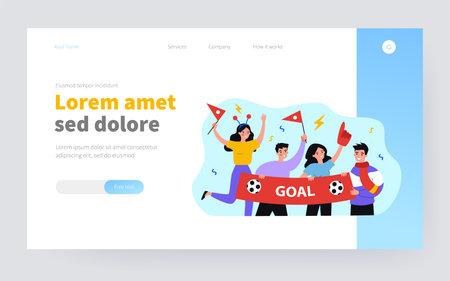 Active soccer fans holding banner isolated flat vector illustration. Cartoon group of characters cheering sport team and screaming during match. Entertainment and celebration conceptのイラスト素材