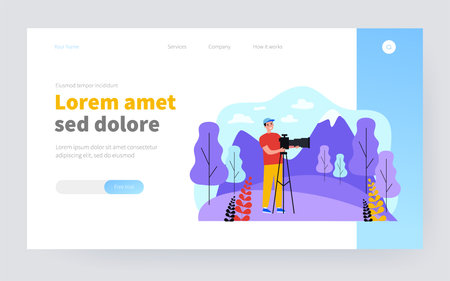 Happy travel photographer taking picture of mountain isolated flat vector illustration. Cartoon man...