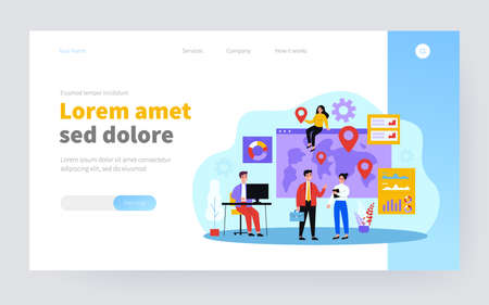 Team of professionals doing global business research. Business people near world map with pointers. Vector illustration for international development, company extension, marketing conceptのイラスト素材