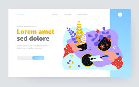 Woman replanting houseplants. Hands of person holding plant and shovel, digging up soil in pot. Vector illustration for florist job, home plants care, interior decoration conceptのイラスト素材