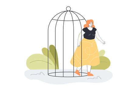 Happy woman opening birdcage and escaping. Person leaving cage after being depressed flat vector illustration. Mental health, domestic violence, freedom concept for website design or landing web pageのイラスト素材