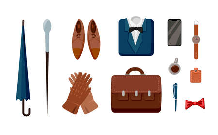 Male formal clothes and accessories vector illustrations set. Shoes, suit, shirt, bow tie, wallet, briefcase of business man or office worker isolated on white background. Accessories, fashion conceptのイラスト素材