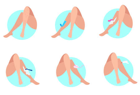 Set of different ways of hair removal. Cartoon vector illustration. Legs and epilation, depilation, shaving process with razor, epilator or wax cream. Cosmetology, beauty salon, hair conceptのイラスト素材