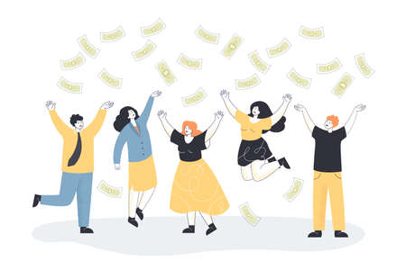 Money falling on happy business people flat vector illustration. Successful team of male and female workers rejoicing over victory, catching coins and celebrating win. Income, finance, luck conceptのイラスト素材
