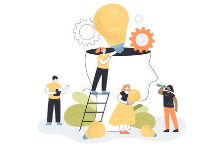 Tiny creative people sharing ideas with abstract person. Flat vector illustration. Team working on innovation, education, research with bulbs around. Brainstorming, community, imagination conceptのイラスト素材