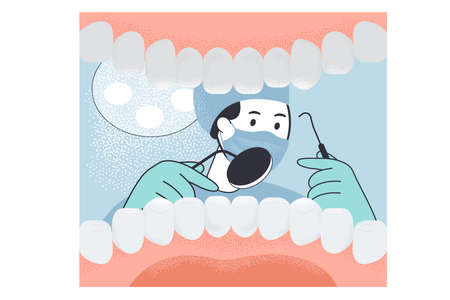 View of dentist with instruments from oral cavity with teeth. Flat vector illustration. Patient opening mouth in front of doctor with mask on his face. Medicine, health care, checkup, hygiene conceptのイラスト素材