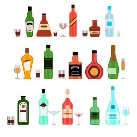 Various alcohol bottles with glasses cartoon illustration set. Liquor, wine, beer, soda, whiskey, rum and water flat vector illustration collection. Alcoholic drinks, beverage conceptのイラスト素材