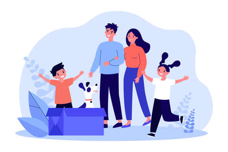 Happy family adopting cute dog sitting in cardboard box. Parents and kids smiling while looking at homeless puppy flat vector illustration. Family, pets, adoption concept for banner, website designのイラスト素材