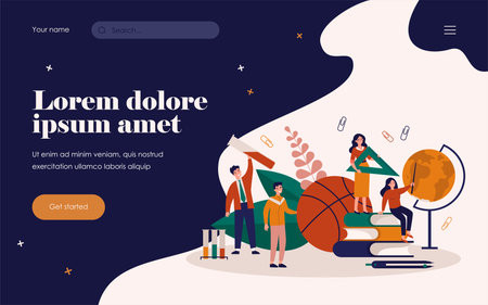 Team of tiny teachers with school supplies. People with stack of books, globe, math ruler, chemical tube. Vector illustration for school disciplines, teaching job, occupation, education conceptのイラスト素材