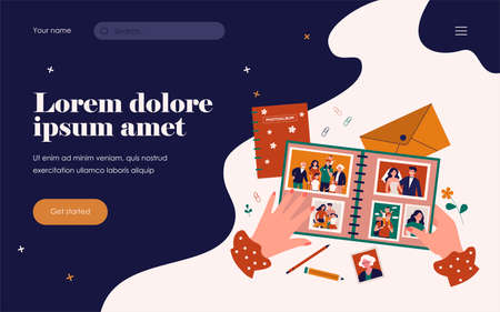 Female photographer hands holding family photo album flat vector illustration. Cartoon characters on retro photography. Happy memory and lifestyle conceptのイラスト素材