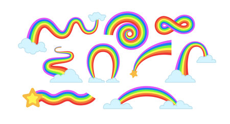 Cute rainbows cartoon illustration set. Childish rainbow with stars and clouds on its tails isolated on white background. Weather, sky, patch conceptのイラスト素材
