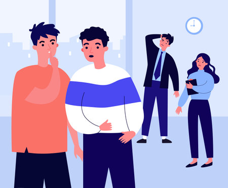 Office workers gossiping about colleagues dating. Male character telling secret to friend flat vector illustration. Communication, gossip concept for banner, website design or landing web pageのイラスト素材