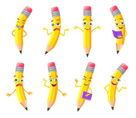 Cute pencil cartoon character vector illustrations set. Funny and happy comic writing tool with smiling face, animated mascot holding book, isolated on white background. Education, school conceptのイラスト素材