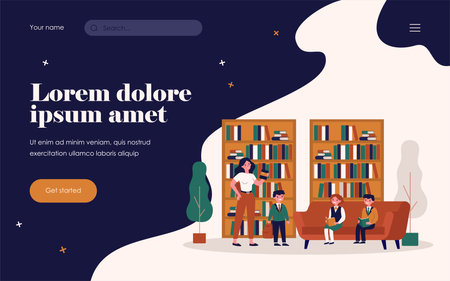 School children reading books in library. Female librarian, bookshelves, pupils flat vector illustration. Education, literature, knowledge concept for banner, website design or landing web pageのイラスト素材