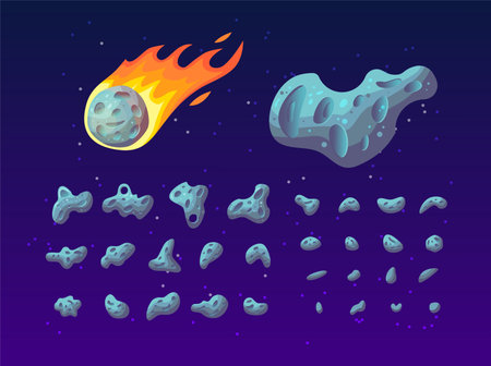 Set of colorful asteroids of different shapes, textures and size. Cartoon vector illustration....
