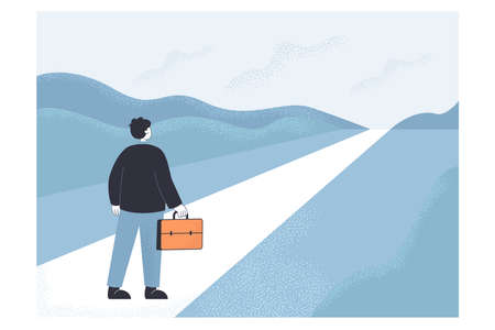 Businessman standing on abstract highway road. Flat vector illustration. Person and his hopes for bright and future, job opportunity, new start. Visionary, motivation, challenge, career conceptのイラスト素材