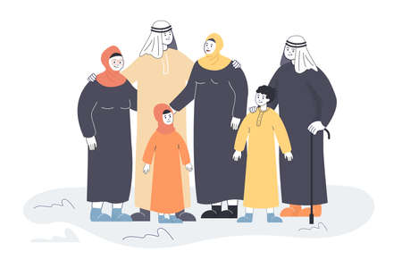 Muslim family in traditional dresses flat vector illustration. Happy mom, dad, grandmother, grandfather with cane, children and grandchildren in hijabs. Saudi Arabia, family, culture conceptのイラスト素材