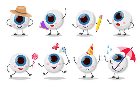 Set of cute, funny eyeball character. Cartoon vector illustration. Human organ of vision in various images, in hat, with pencil, catching butterflies, enjoying rain. Health care, eyesight conceptのイラスト素材